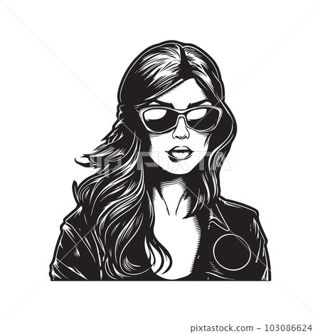 badass biker girl, logo concept black and white color, hand drawn illustration 103086624