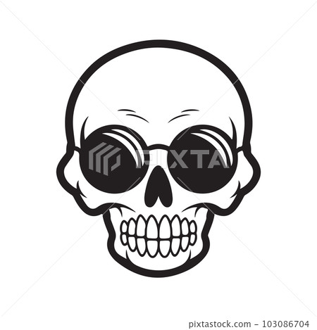 skull wearing sunglasses, logo concept black and white color, hand drawn illustration 103086704