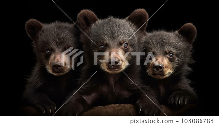 Brotherhood of brown bear cubs. Closeup portrait of cute brown bear kids on black background. Beautiful children isolated on black background, wildlife,bears,animals concept 103086783
