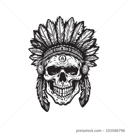 indian skull, logo concept black and white color, hand drawn illustration indian skull, logo concept black and white color, hand drawn illustration 103086798