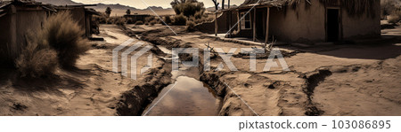 Abandoned houses in the desert after the earthquake, Generated AI Abandoned houses in the desert after the earthquake, Generated AI 103086895