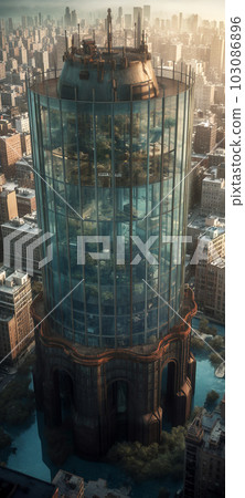 A tall glass skyscraper in the center of the metropolis, Generated AI A tall glass skyscraper in the center of the metropolis, Generated AI 103086896