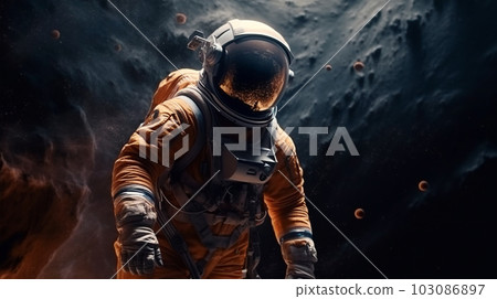 An astronaut in a spacesuit floating in outer space, Generated AI 103086897