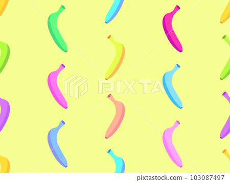 Seamless pattern with colorful bananas on a yellow background. Exotic multi-colored bananas in the style of the 80s. Design for posters, wrapping paper and wallpapers. Vector illustration 103087497