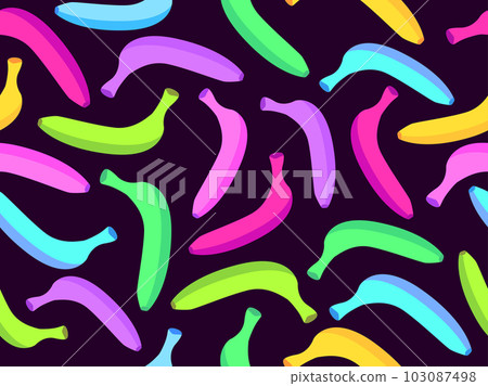 Seamless pattern with colorful bananas on a black background. Exotic multi-colored bananas in the style of the 80s. Design for posters, wrapping paper and wallpapers. Vector illustration 103087498
