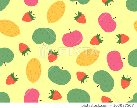 Seamless pattern with apples, strawberries and lemons on a yellow background. Summer fruit pattern. Design for printing on fabric, paper and banners. Vector illustration Seamless pattern with apples, strawberries and lemons on a yellow background. Summer fruit pattern. Design for printing on fabric, paper and banners. Vector illustration 103087507