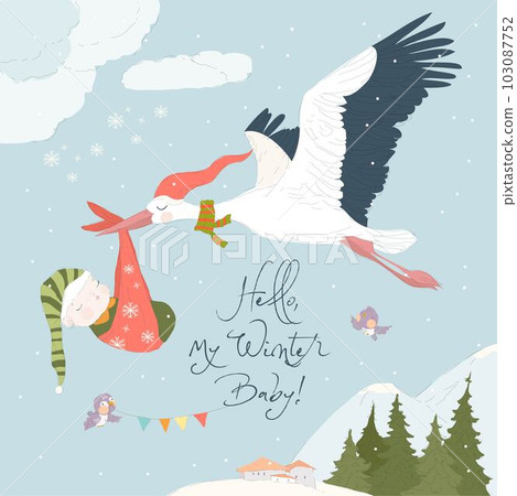 Cartoon Stork flying in the Sky with Baby. Baby Shower Card Cartoon Stork flying in the Sky with Baby. Baby Shower Card 103087752