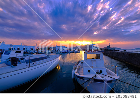 Colorful sunset in fishermen village and harbour. 103088481