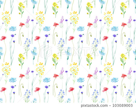 春天花園的水彩插圖，各種花朵盛開。無縫模式。 103089003