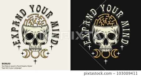 Vintage label with human skull like cup, labyrinth, stars, tripple goddes sign, editable text style. Concept of sacred spirit, magic, expanded mind, psychic abilities. Mystical surreal illustration 103089411