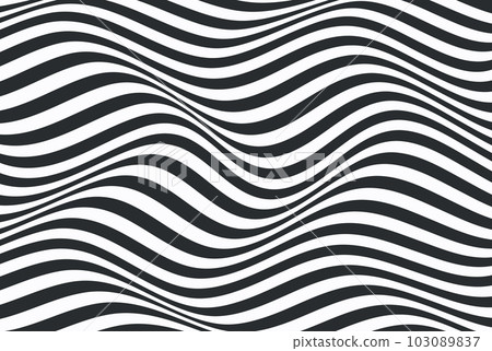 Wave of optical illusion. Abstract black and white illustrations. Horizontal lines stripes pattern or background with wavy distortion effect. Wave of optical illusion. Abstract black and white illustrations. Horizontal lines stripes pattern or background with wavy distortion effect. 103089837
