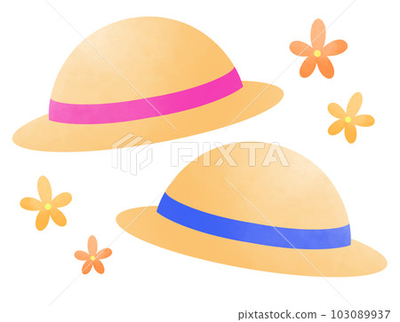 粉色和藍色緞帶草帽和花套裝 103089937