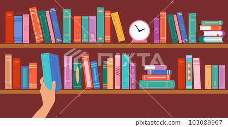 Bookshelf concept illustration. Hand taking book off shelf. 103089967