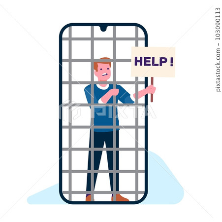 Young man suffering from nomophobia and phone addiction. Sad man in prison in form of smartphone with help sign, social media and internet. Cartoon flat style isolated vector concept 103090113