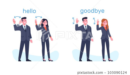 Sign language of deaf people, man and woman showing greeting and farewell phrases. Hand gestures hello and goodbye, business people greet. Cartoon flat style isolated vector concept Sign language of deaf people, man and woman showing greeting and farewell phrases. Hand gestures hello and goodbye, business people greet. Cartoon flat style isolated vector concept 103090124