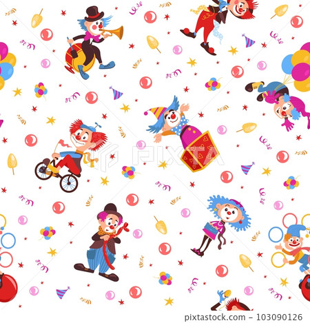Seamless pattern with clowns. Comedians with bright makeup. Circus characters. Decor textile, wrapping paper, wallpaper design. Print for fabric. Cartoon flat style isolated vector concept 103090126