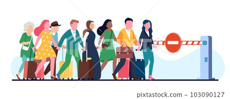 Restrictions on entry or exit, disgruntled passengers standing in front of sign passage is closed. Entrance to airport or private property. Cartoon flat style isolated vector concept Restrictions on entry or exit, disgruntled passengers standing in front of sign passage is closed. Entrance to airport or private property. Cartoon flat style isolated vector concept 103090127