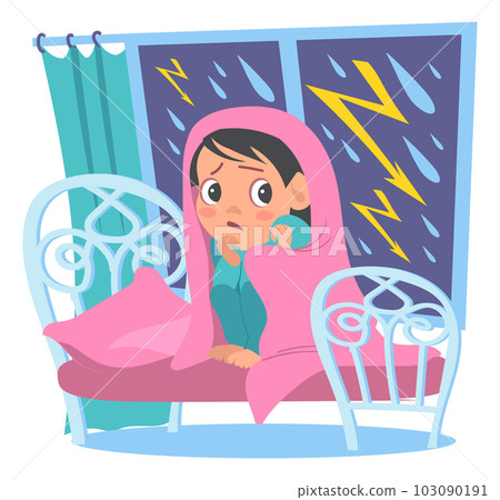Kids fear. Frightened boy afraid of thunderstorm. Children phobia. Rainstorm and lightning. Scared baby under blanket on bed. Anxiety imagination. Panicked young person. Vector concept 103090191