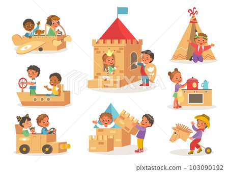 Kids cardboard games. Children play with boxes. Carton teepee and plane. Homemade toys. Imagination development. Playground paper castle and car. Stove cooking. Splendid vector set 103090192
