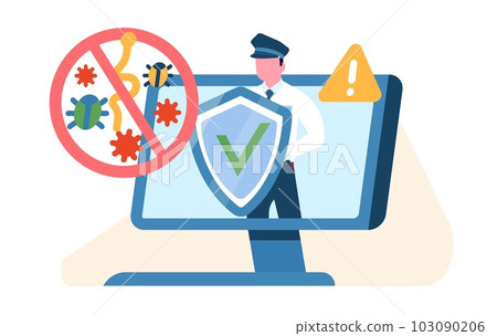 Computer security, protecting your computer from viruses and malware. Privacy information, access data confidential, network protection. Laptop software. Cartoon flat vector concept Computer security, protecting your computer from viruses and malware. Privacy information, access data confidential, network protection. Laptop software. Cartoon flat vector concept 103090206