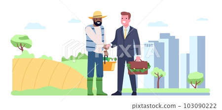 Businessman and farmer shake hands in agreement. Agree to supply organic products. Man buying eco vegetables and meat produce. Countryside and city landscape cartoon flat isolated vector concept 103090222