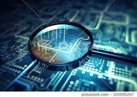A Magnifying Glass on abstract blue technology background. Search engine optimization algorithm update, data science, stock market analysis, SEO audit concept. Generative AI. 103090267