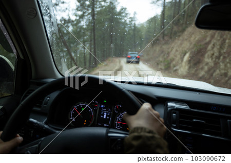 Driving car on high altitude mountain trail, China 103090672