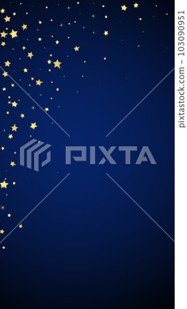 Magic stars vector overlay. Gold stars scattered around randomly, falling down, floating. Chaotic dreamy childish overlay template. Vector magic overlay on dark blue background. 103090951