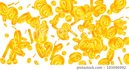 Russian ruble coins falling. Scattered gold RUB coins. Russia money. Jackpot wealth or success concept. Wide vector illustration. Russian ruble coins falling. Scattered gold RUB coins. Russia money. Jackpot wealth or success concept. Wide vector illustration. 103090992