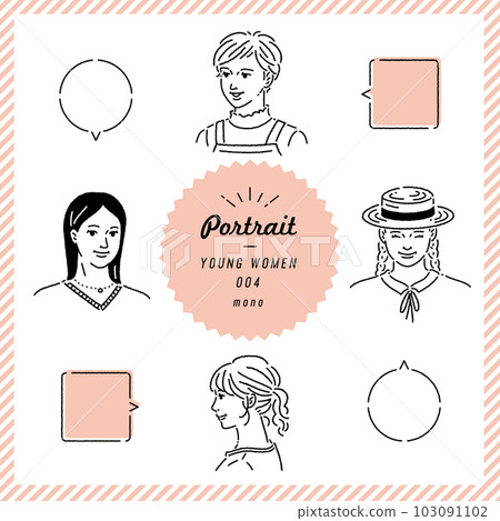 Young woman's line drawing facial expression set (monochrome) 103091102