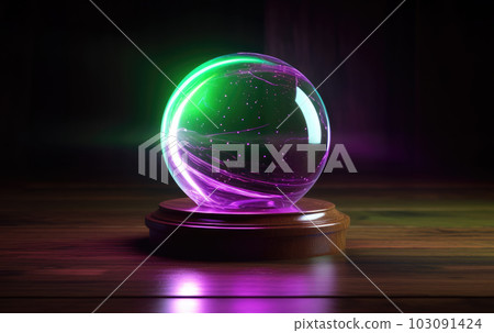 Magic crystal ball for predictions glows green purple energy light on dark wooden background. Mystical fortune teller sphere for witchcraft rituals, no people. Generative AI. 103091424