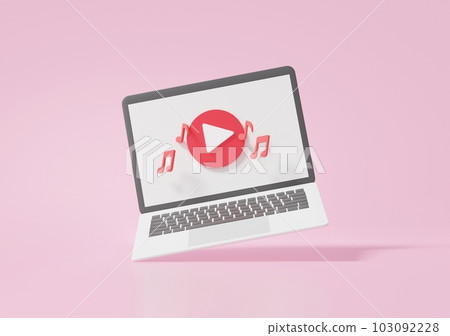 Creative social media modern playing music video on laptop, multimedia tv video marketing passive income concept pink background, copy space, 3D 103092228