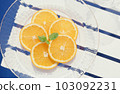 Cool glass plate and orange slice 103092231