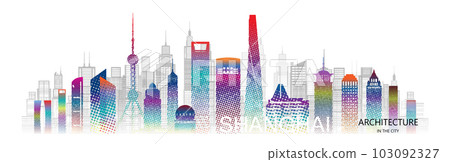 Travel architecture silhouette in Shanghai with colorful halftone style. Travel architecture silhouette in Shanghai with colorful halftone style. 103092327