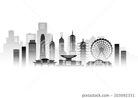 Travel architecture silhouette in Hong Kong with Black halftone style. Travel architecture silhouette in Hong Kong with Black halftone style. 103092331