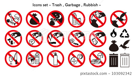 Icon set of "prohibited", "caution" and "warning" related to garbage Icon set of "prohibited", "caution" and "warning" related to garbage 103092342