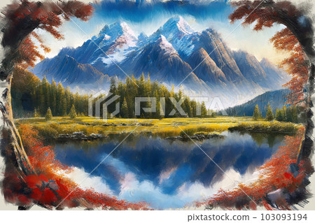 Modern oil painting landscape of lake in mountains Modern oil painting landscape of lake in mountains 103093194