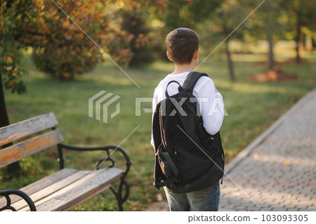 Back view of teenage boy go to school. Young male in white sweatshirt with backpack go though the park Back view of teenage boy go to school. Young male in white sweatshirt with backpack go though the park 103093305