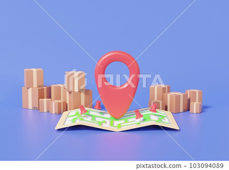 Flag red pin pointer and map location search GPS, paper map, stacked parcel boxes with logistics shipping service concept Flag red pin pointer and map location search GPS, paper map, stacked parcel boxes with logistics shipping service concept 103094089