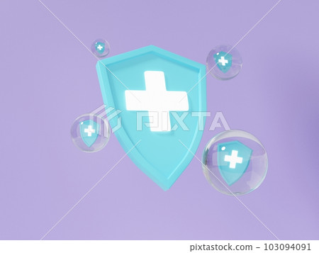 A medical shield plaque on a floating purple background. Possess safety protection protection immune system health concept 103094091
