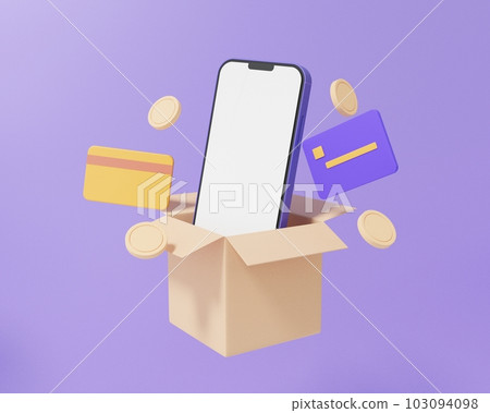 A pink box or gift package with moving card coins floating on a purple background. shopping delivery logistics concept 103094098