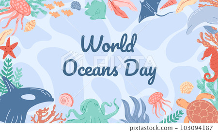 Horizontal banner for world ocean day with underwater ocean, dolphin, killer whale, coral, sea plants, octopus, jellyfish and turtle. Horizontal banner for world ocean day with underwater ocean, dolphin, killer whale, coral, sea plants, octopus, jellyfish and turtle. 103094187