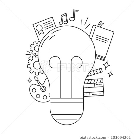 Contour black and white illustration of Light bulb with icons of book, clapperboard, palette, gears, document. Contour black and white illustration of Light bulb with icons of book, clapperboard, palette, gears, document. 103094201