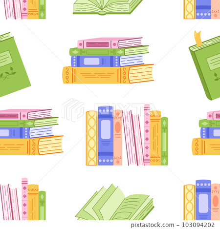 Seamless pattern with stacks of books with colorful covers. Vector seamless hand drawn illustration of books. Seamless pattern with stacks of books with colorful covers. Vector seamless hand drawn illustration of books. 103094202