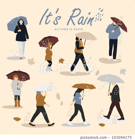 Vector illustration of people in the rain. Autumn mood. Trendy retro style on beige fall illustration with character. 103094275