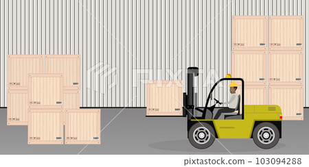 Forklift working with cargo container and product wooden boxes 103094288