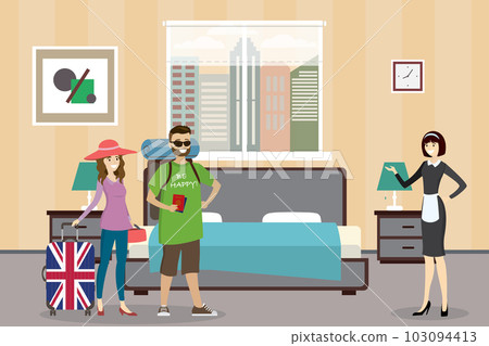 Tourists with luggage and maid in the hotel room 103094413