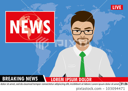 news anchor on tv breaking news background, 103094471