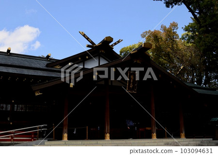 The main hall of Sarutahiko Shrine under the blue sky 103094631