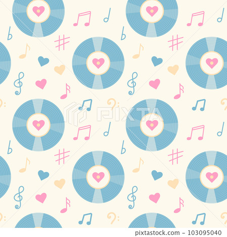 Vintage vinyl record, music notes and hearts seamless pattern. Pastel wrapping paper or fabric template. Vintage vinyl record, music notes and hearts seamless pattern. Pastel wrapping paper or fabric template. 103095040